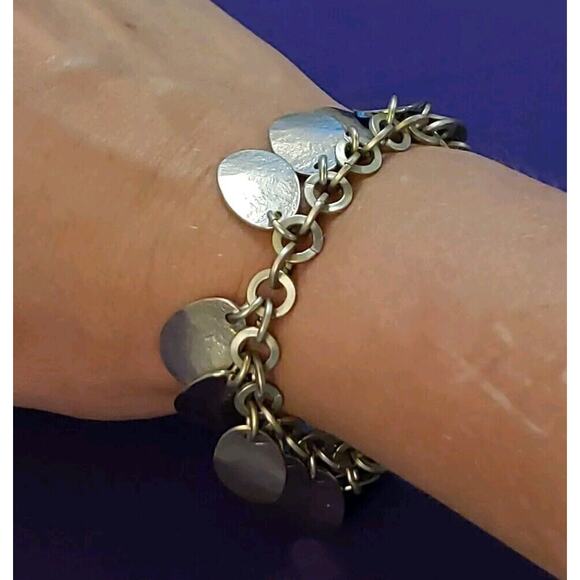 Chico's Signed Silver Tone Chain Charm Bracelet Matte Textured Shiny Oval Discs - Picture 3 of 7